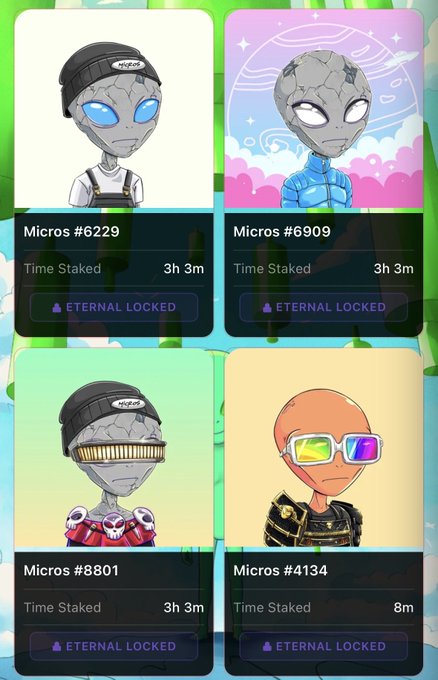 Four "Micros" character NFT cards (#6229, #6909, #8801, #4134) all marked as "ETERNAL LOCKED" with staked times ranging from 8m to 3h 3m.