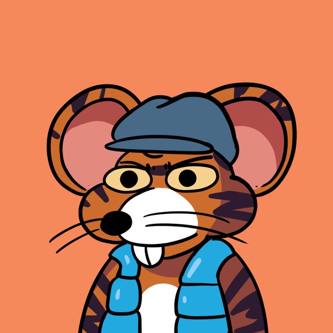 A cartoon-style illustration of a serious-looking brown mouse wearing a blue cap and a blue puffy vest over a striped body against an orange background.