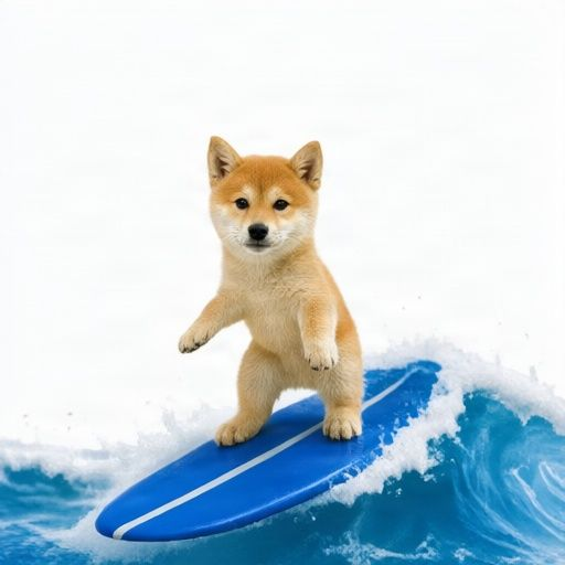A Shiba Inu puppy rides a blue surfboard atop a cresting wave, playfully referencing the Solana beach foundation mentioned in the post—linking the dog mascot to the beach that supposedly inspired the name "Solana." The image humorously connects the surfer pup to Toly's surfing history, suggesting the beach deserves recognition within the Solana community.
