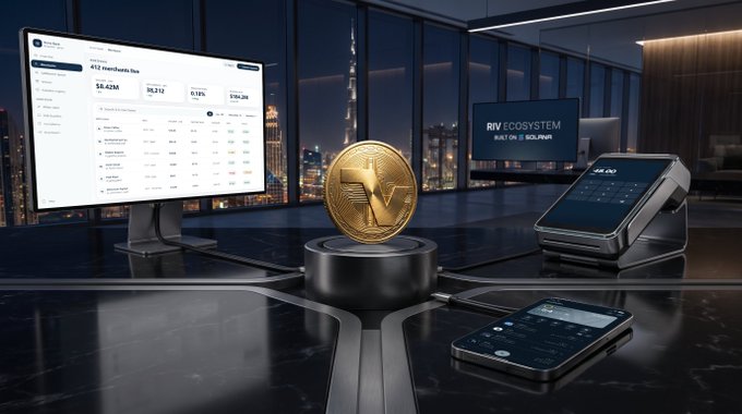 A dark, modern office scene showcasing a computer monitor displaying a dashboard, a gold coin in the center, a card payment terminal, and a smartphone, with text 'RIV ECOSYSTEM BUILT ON SOLANA' on a screen in the background.