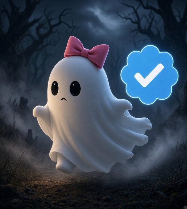 A cute, slightly sad-looking ghost wearing a pink bow floats in a dark, foggy graveyard next to a glowing blue verification checkmark badge, symbolizing "verified" status in a haunting setting. The image playfully illustrates the post's message about achieving verification through persistent effort, even in seemingly spooky or uncertain circumstances.