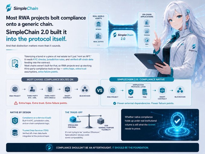 An infographic titled "SimpleChain 2.0" explaining that most RWA projects bolt compliance onto generic chains while SimpleChain 2.0 built it into the protocol itself, featuring an anime-style character with white hair and a comparison diagram of compliance approaches.