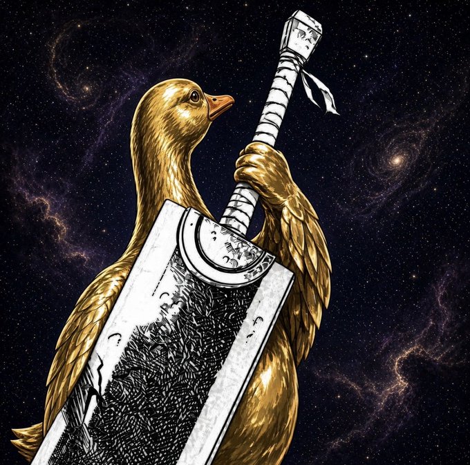 An artistic illustration of a golden duck-like bird holding a large sword, set against a cosmic galaxy background with stars and nebulae.