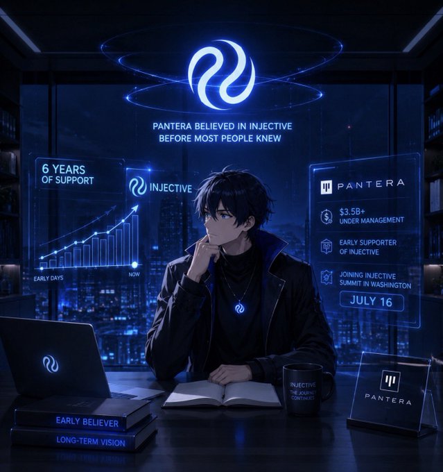The image features a man sitting at a desk, looking down while working on his laptop. The background shows a city skyline, suggesting that he might be located in an urban area or near a business district. There are several books scattered around him, indicating that he is engaged in research or studying. A cup and a computer mouse can also be seen on the desk. The image includes text that reads "pantera believed in injective before most people knew what injective was they backed the project in its early days when the ecosystem was still being built". This suggests that Pantera, the company behind Injective, has been around for quite some time and has a long history of innovation and growth.