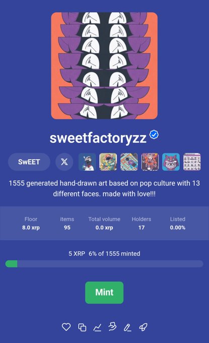 NFT collection page on OpenSea-style marketplace for 'sweetfactoryzz', featuring a repeating pattern of stylized purple faces and describing 1,555 generated hand-drawn art pieces based on pop culture.