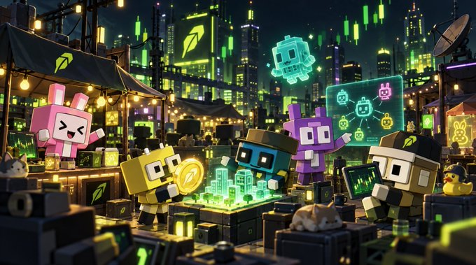 A vibrant, cyberpunk-style digital illustration of cute, blocky robot characters exploring a neon-lit marketplace with green holographic displays.