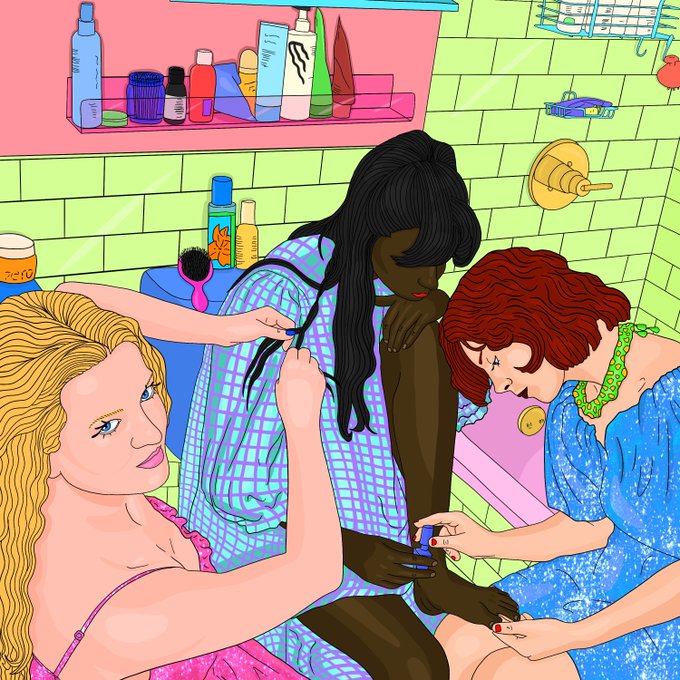 A stylized illustration depicts three women in a bathroom, with one styling another's hair and a third applying red nail polish.