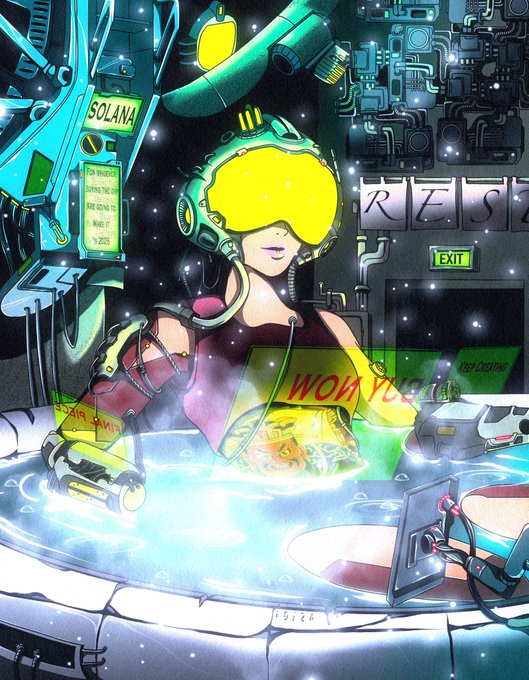 A vibrant sci-fi comic-style illustration of a character wearing a yellow VR helmet in a futuristic setting, with "SOLANA" visible on a machine and "WOX YOU!
 in the background.