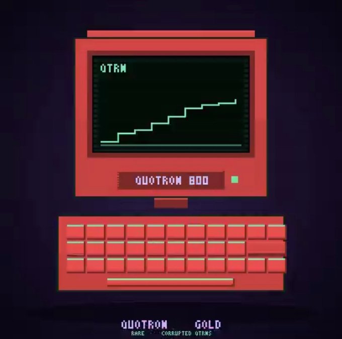 Pixel art of a red vintage computer labeled 'QUOTROM 800' displaying an ascending line chart titled 'QTRM' with text below reading 'QUOTROM GOLD - RARE • CORRUPTED QTRMS'.
