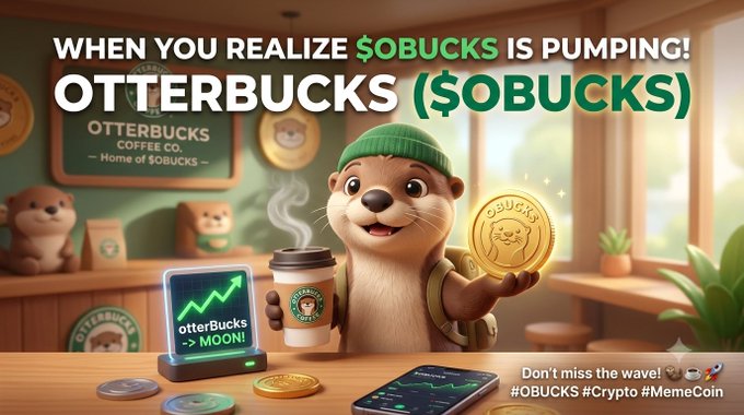 A cartoon otter holding a coffee cup and an "$OBUCKS" coin stands in an "Otterbucks Coffee Co." shop with bold text reading "WHEN YOU REALIZE $OBUCKS IS PUMPING! OTTERBUCKS ($OBUCKS)" and a chart labeled "otterBucks -> MOON!" — playfully announcing the meme coin's fair launch on Pump.fun (Solana).