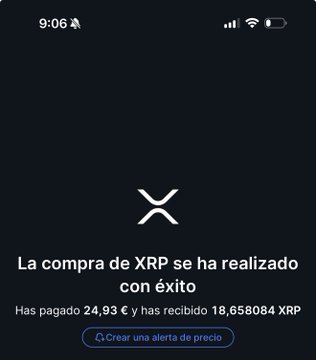 A smartphone screenshot from the 9:06 timestamp showing a successful XRP purchase on a crypto exchange app, with text reading 'La compra de XRP se ha realizado con éxito' and 'Has pagado 24,93 € y has recibido 18,658084 XRP'.