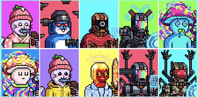 A grid of ten pixel-art characters featuring colorful figures including people in strawberry hats, a penguin, robots, knights, an angel, and a melon-headed character on vibrant backgrounds.