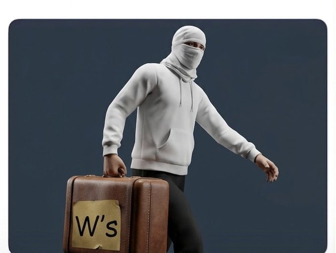 A 3D rendered figure wearing a white balaclava and hoodie carries a suitcase labeled 'W's' while walking forward.