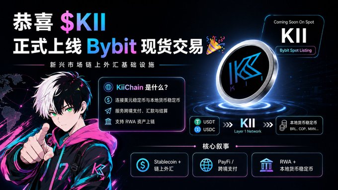 Promotional banner announcing KiiChain ($KII) launching on Bybit spot trading, featuring an anime character and highlighting KiiChain's core narrative of connecting USD stablecoins with local currency stablecoins through Layer 1 network infrastructure for emerging markets.