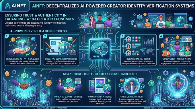 The image shows a visual representation of various elements related to blockchain technology, particularly regarding AI-powered identity verification systems. There are logos indicating that this is part of an infographic or poster showcasing the topic. The image features different characters such as people and computer icons, which may symbolize concepts like data security, smart contracts, and decentralized decision making in digital ecosystems.
 
The text accompanying the image provides context about AI-powered creator identity verification systems within Web3 economies and how these technologies are transforming identity management on the blockchain.
