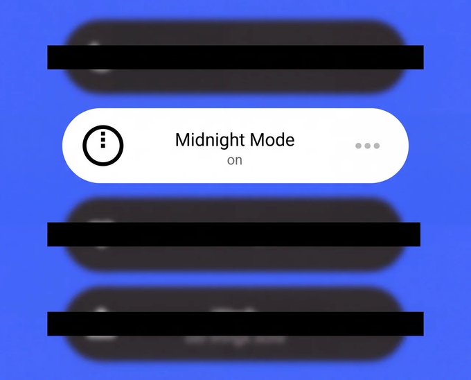 A screenshot of a settings menu on a blue background showing 'Midnight Mode' toggled on, with other menu options blurred out.