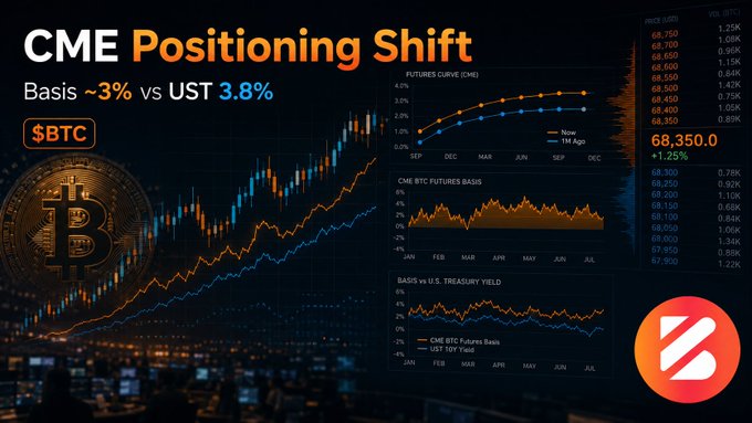 The image, branded with Bitcoin (BTC) and CME data, highlights a "Positioning Shift" showing CME Basis at ~3% versus U.S. Treasury yield at 3.8%, with BTC at $68,350 (+1.25%). It visualizes the CME futures curve, Bitcoin futures basis, and basis-vs-Treasury yield charts to illustrate how leveraged funds are moving from their historically short basis trade into net-long positions.