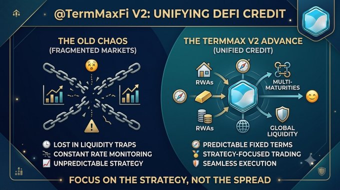 A promotional graphic for '@TermMaxFi V2: UNIFYING DEFI CREDIT' contrasting 'THE OLD CHAOS (FRAGMENTED MARKETS)' with 'THE TERMMAX V2 ADVANCE (UNIFIED CREDIT)' showing benefits like predictable fixed terms, strategy-focused trading, and seamless execution across RWAs and multi-maturities.