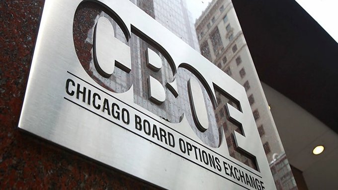 A metallic "CBOE" sign for the Chicago Board Options Exchange is mounted on a reddish stone building, with skyscrapers visible in the background. The image directly illustrates the post's reference to the CBOE pushing to launch the first-ever 3x Bitcoin and Ethereum ETFs in the U.S. options market.