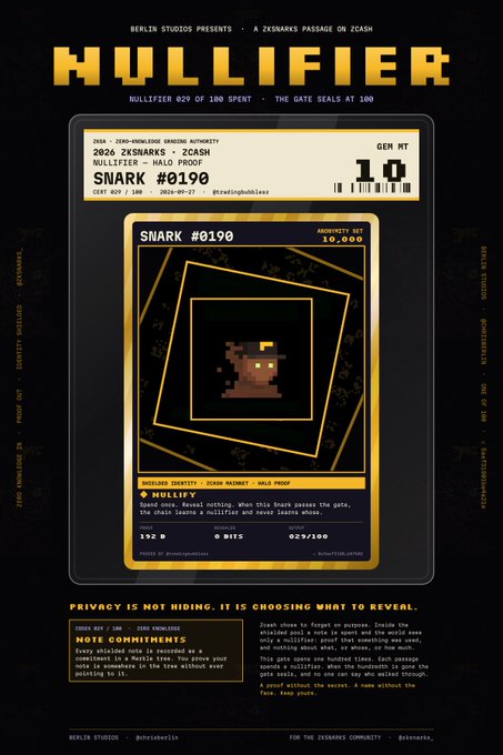 A digital trading card titled 'NULLIFIER' from Berlyn Studios and Zksmorks, featuring a pixelated character named 'SNARK #0190' with stats like 'GEN MT 10' and rarity 'GEN MT'.