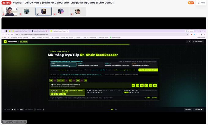 A screenshot of a recorded video conference titled 'Vietnam Office Hours | Mainnet Celebration, Regional Updates & Live Demos' shows a presentation slide for 'Mô Phỏng Trực Tiếp On-Chain Seed Decoder' on the PREDZ.BATTLE website.