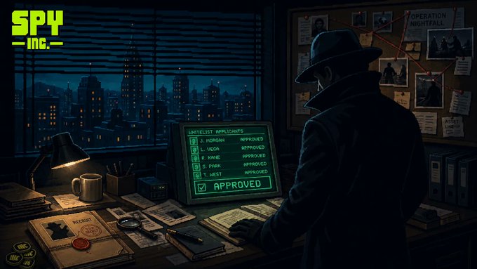 A shadowy figure in a fedora and trench coat reviews a glowing green "Whitelist Applicants" screen displaying approved names (J. Morgan, L. Vega, R. Kane, S. Park, T. West) beside a corkboard marked "Operation Nightfall," evoking the clandestine, espionage-themed on-chain launch teased by the post about SPY Inc.'s Open Web wallets.