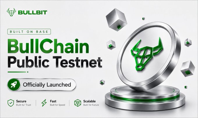 The image is a promotional graphic announcing the launch of "BullChain Public Testnet" by Bullbit, featuring a 3D metallic bull logo on a pedestal with green accents, and highlighting key features: Secure "Built for Trust," Fast "Built for Speed," and Scalable "Built for Future," with a badge reading "Officially Launched."