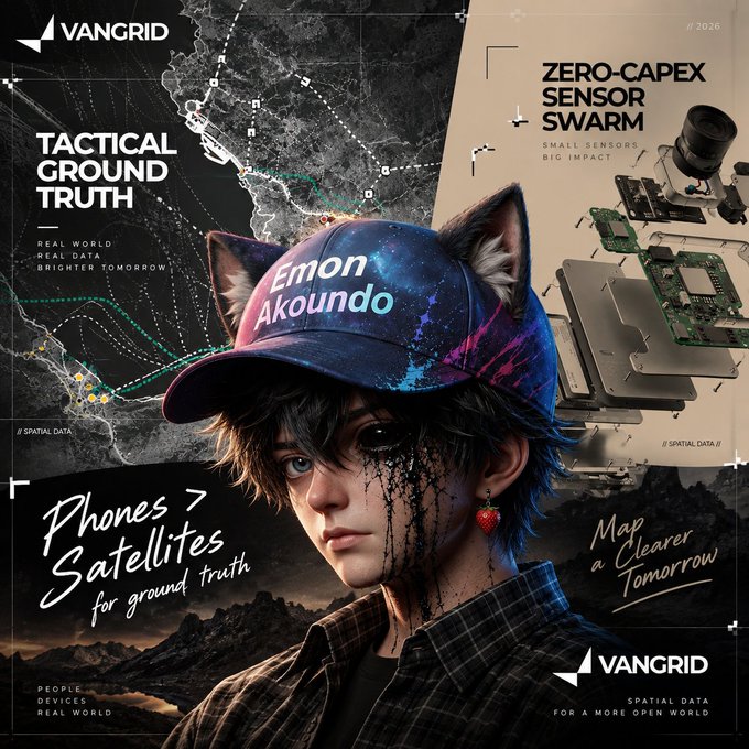 An artistic promotional graphic for VANGRID's 'ZERO-CAPEX SENSOR SWARM,' featuring an anime-style character wearing a galaxy-patterned 'Emon Akoundo' cap alongside electronic components and text about 'Phones > Satellites.'