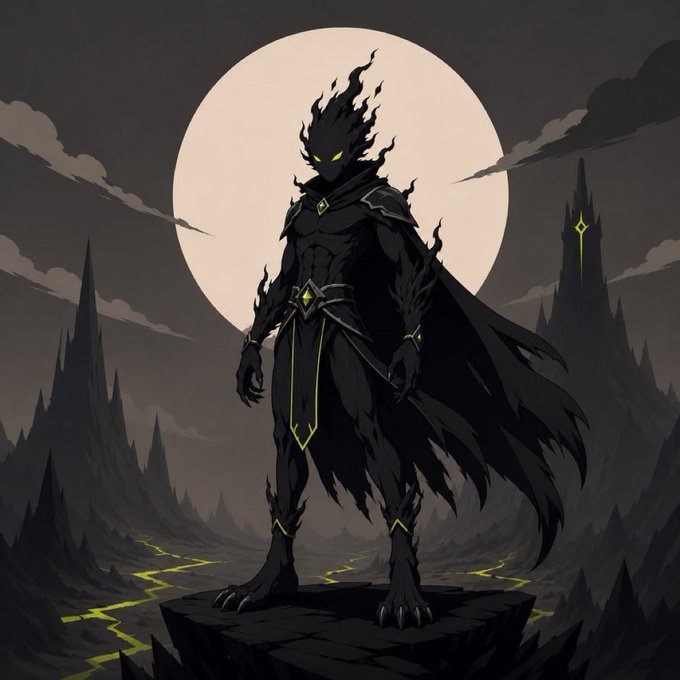 A hooded dark figure wreathed in black flames stands on a rocky outcrop against a full moon, with jagged spires and glowing yellow cracks in the earth below—evoking a powerful, ominous character that fits the shadowy, edgy branding of the "Black RH" NFT giveaway. The image's gothic, supernatural aesthetic complements the mysterious tone of the free mint promotion.