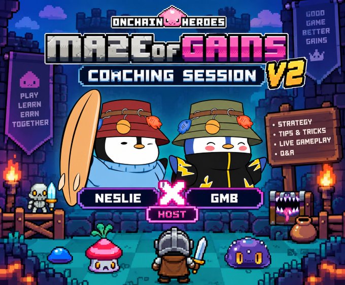 A pixel art promotional graphic for 'ONCHAIN HEROES MAZE OF GAINS COACHING SESSION V2' featuring two characters labeled 'NESLIE' and 'GMB' as hosts, with text 'PLAY LEARN EARN TOGETHER'.