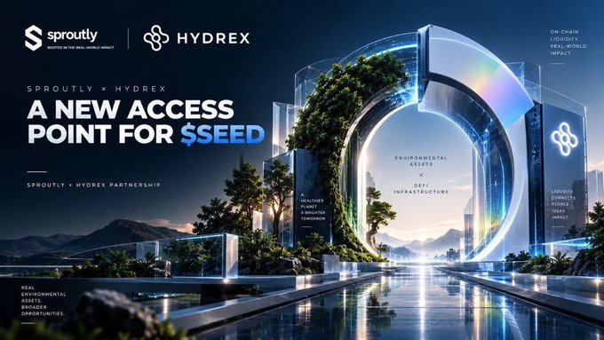 A promotional graphic announces 'SPROUTLY x HYDREX A NEW ACCESS POINT FOR $SEED', featuring a futuristic glowing portal framed by greenery with text about environmental assets and DeFi infrastructure.