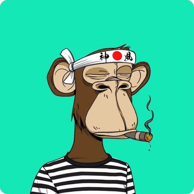A cartoon ape wearing a striped shirt and a white headband marked with Japanese characters smokes a cigar against a bright turquoise background.