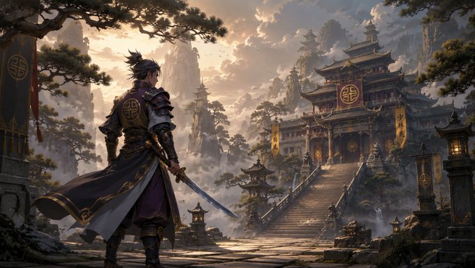 A digital painting depicts a warrior in armor with a sword standing before a misty, traditional East Asian temple complex.