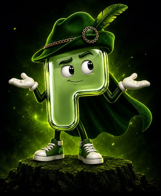A 3D-rendered green character shaped like a Tetris 'P' piece wearing a Robin Hood hat with feather, a green cape, and white sneakers, standing on a mossy rock.