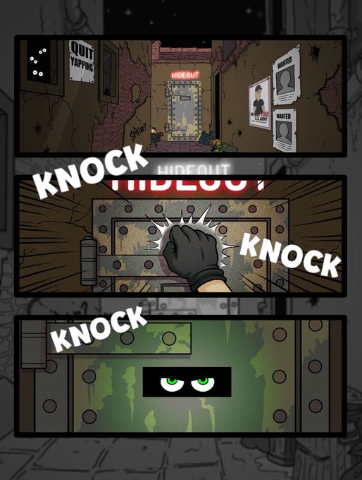 The image is a three-panel comic showing a gloved hand knocking on a metal door labeled "HIDEOUT" three times, with "KNOCK" text effects, until two menacing green eyes appear from within, suggesting someone is inside the secret headquarters.

This pairs with the post as a secretive, tongue-in-cheek invite to discover a hidden base, with the comic visually depicting the process of approaching the mysterious "HIDEOUT" door referenced in the message.