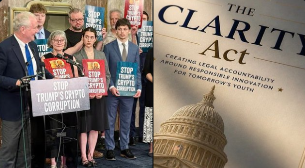 Senate Democrats hold signs reading "STOP TRUMP'S CRYPTO CORRUPTION" at a press conference alongside an image of "The CLARITY Act," as three senators threaten to vote against the crypto legislation unless it includes ethics provisions to prevent officials like Trump—who disclosed $1.4B in crypto income—from profiting off the industry.