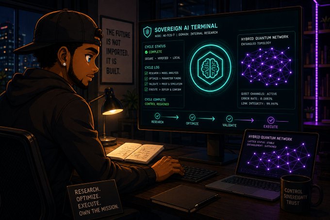 Stylized illustration of a young man at a desk working on a 'SOVEREIGN AI TERMINAL' displaying 'HYBRID QUANTUM NETWORK' data, alongside a poster reading 'THE FUTURE IS NOT IMPORTED. IT IS BUILT.'