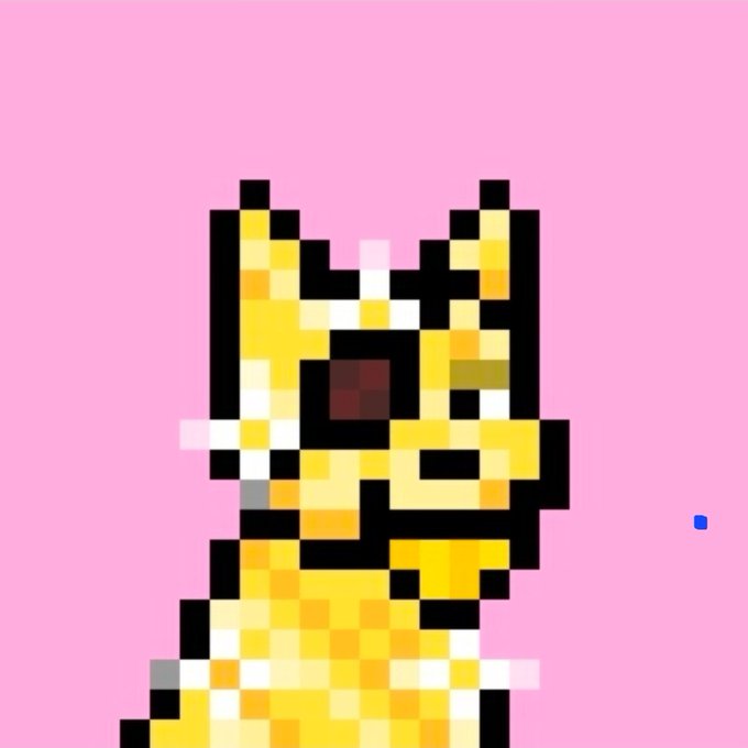 Pixel art of a yellow cat-like character against a pink background.