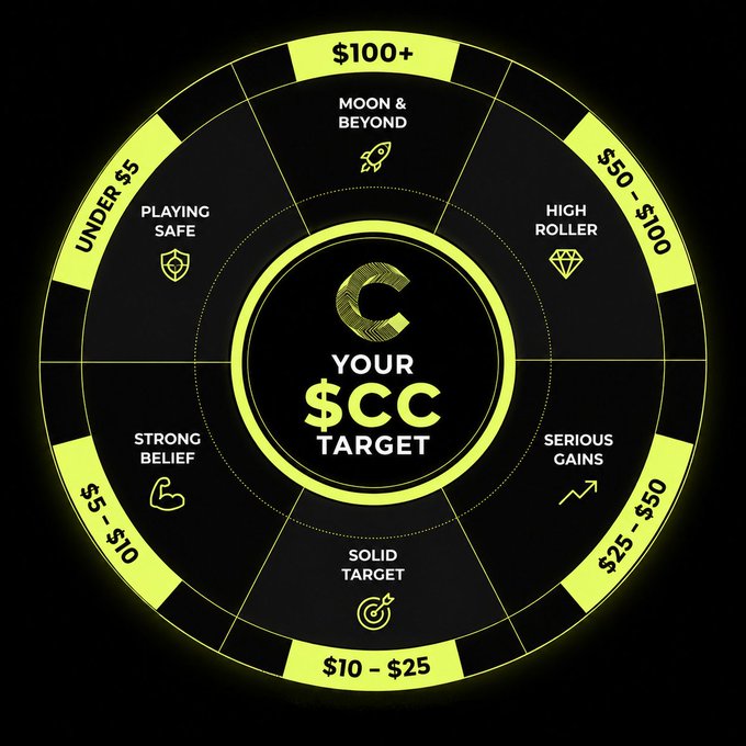 A target wheel graphic labeled 'YOUR $CC TARGET' with price segments ranging from 'UNDER $5' to '$100+' and investment strategy labels like 'PLAYING SAFE,' 'HIGH ROLLER,' and 'SERIOUS GAINS.'