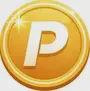 A gold coin or token featuring a white letter "P" in the center, with a shiny, metallic appearance.