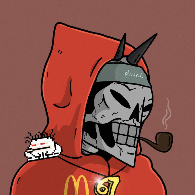 A cartoon-style illustration depicts a skeletal figure wearing a red McDonald's hooded robe labeled 'Phunk' and smoking a pipe.