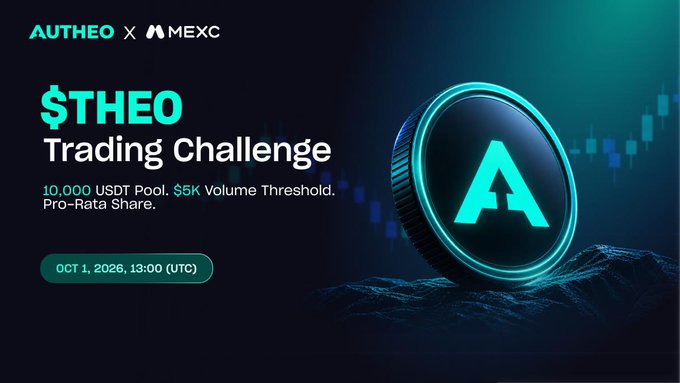 A digital trading challenge promotional image featuring the $THEO token and AUTHEO × MEXC logos, with details including "10,000 USDT Pool, $5K Volume Threshold, Pro-Rata Share," and a launch date of October 1, 2026, at 13:00 UTC. The dark, tech-themed graphic with a glowing "$THEO" coin ties into the post's focus on Autheo Network's real-world token utility across compute and validator staking.
