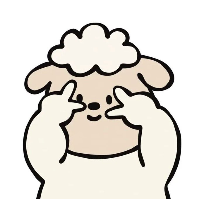 A simple cartoon illustration of a fluffy white sheep making a peace sign with its hooves over its eyes, while another part of its wool sits on top of its head like a hat.