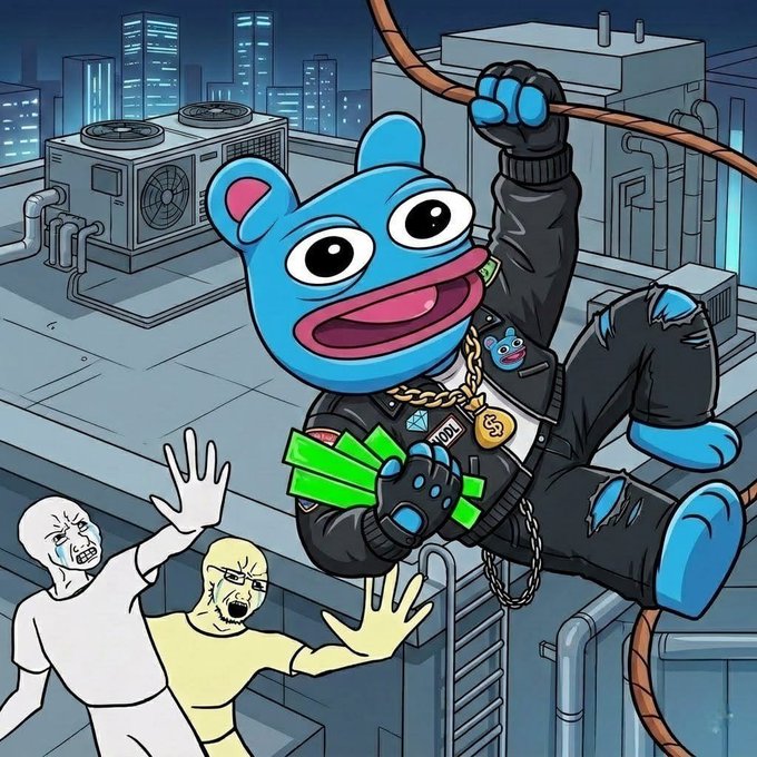 A cartoon blue frog wearing a black jacket and holding stacks of money swings on a rope over a city rooftop, while two crying figures reach up from below.