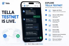Marketing image for 'TELLA TESTNET IS LIVE,' showcasing a mobile chat interface and listing features for an upcoming testnet.
