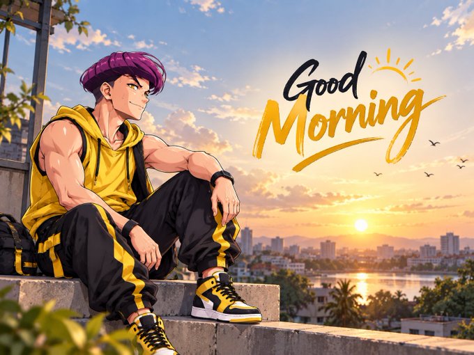 An anime-style illustration features a muscular young man with purple hair and yellow streetwear sitting on steps overlooking a city at sunset, with 'Good Morning' written in stylized text.