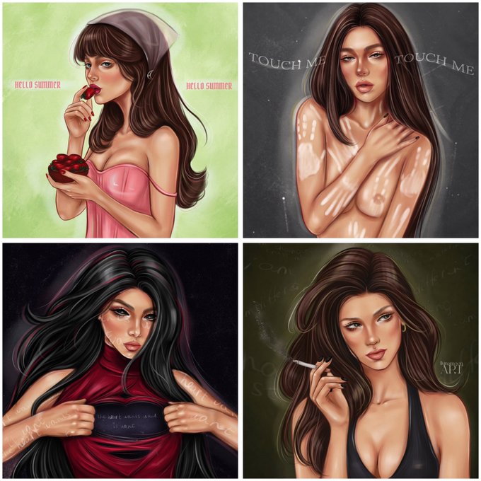 This image is a collage of four digital art portraits featuring different depictions of a woman, presented as NFT artwork for sale on the Tezos blockchain. The portraits include text overlays such as "HELLO SUMMER," "TOUCH ME," and various artist watermarks.