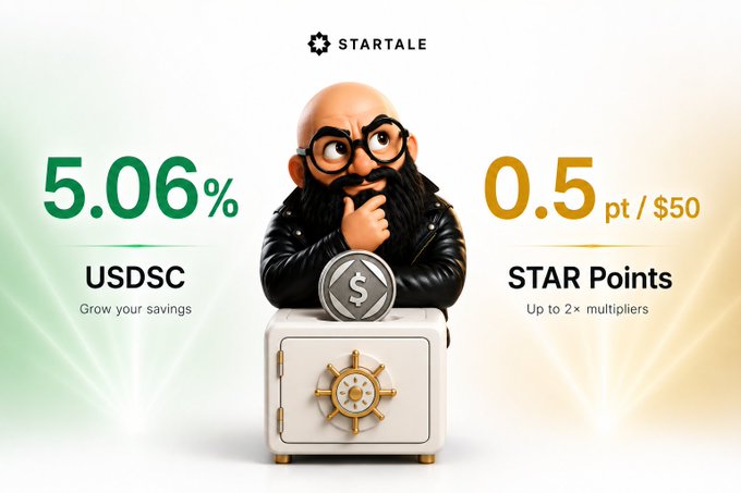 The image features a cartoon character wearing glasses and a beard sitting atop a white safe with gold trim. The text above the safe reads "USDSC Star Points for future rewards One thing @StartaleApp gets right is flexibility. Whether you're looking for steady yield or long-term reward accumulation, both paths are available within the same".