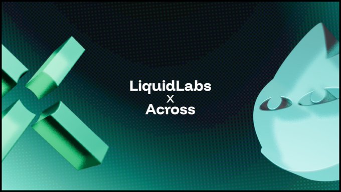 Collaboration banner reading 'LiquidLabs × Across' with a teal 3D X symbol on the left and a translucent fox character on the right.
