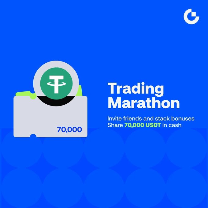 The image features an advertisement for a cryptocurrency trading platform called "Trading Marathon". The background of the image is blue, with white text that reads "Trading Marathon" and "Invite friends and stack bonus rewards Share 70,000 USDT cash reward pool!". The main focus of the image is a green coin placed on top of a gray card. The coin has a white T-shaped symbol at its center, which represents the cryptocurrency "Tether". The text in the image encourages people to participate in the trading marathon and invites them to invite friends to join the race for potential rewards.